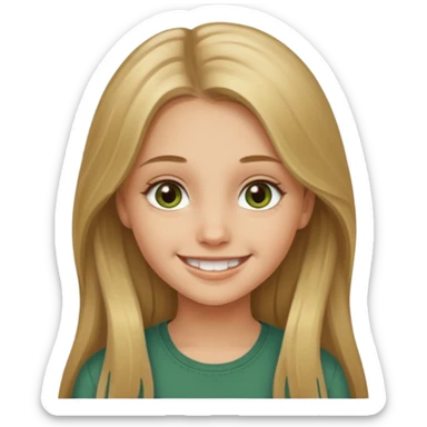 A smiling young girl with long dirty blonde hair and hazel green eyes sticker