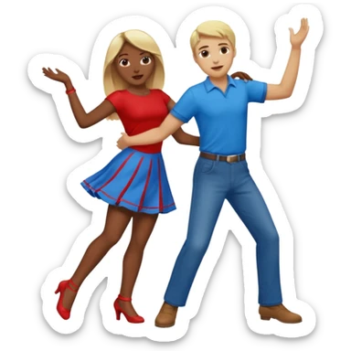 Two people  conservative people dancing. A man wearing red with light skin and blonde hair. A women wearing bue with dark skin and brown hair. sticker