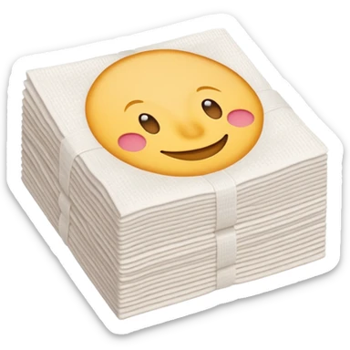 neat stack of soft white paper napkins, square, slightly textured edges, faint embossed border, top napkin slightly lifted, soft lighting, subtle shadows, emoji scale sticker