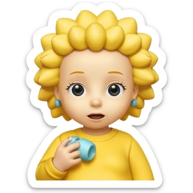 A 3D cartoon baby character yellow skin, styled like Maggie Simpson, with pacifier, yellow onesie, big eyes, smooth shading, Memoji-style rendering, consistent with other yellow Simpsons characters. sticker