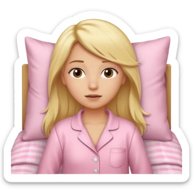 A girl in a light pink pajama wakes up in bed, her hair long, blonde, and straight. sticker