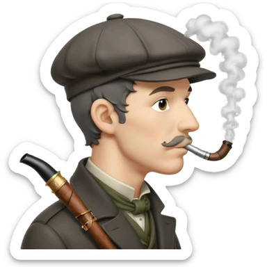 A side view of Sherlock Holmes wearing a deerstalker hat with a curved meerschaum pipe held to his lips sticker