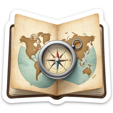 Folded travel map and compass with muted colors, not vibrant sticker