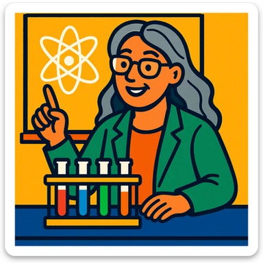 woman science teacher with long graying hair, at a lab table with test tubes, in vibrant toon style sticker