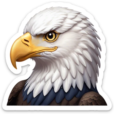 Cinematic Noble American Eagle Portrait Emoji, Poised and regal, with a powerful, broad build, a distinctive white-headed silhouette contrasting a dark, formidable body, and piercing, intense eyes, Simplified yet sharp and sophisticated features, highly detailed, glowing with a soft, majestic radiance, high shine, intelligent and commanding, stylized with an air of national pride, focused and vigilant, soft glowing outline, capturing the essence of a watchful and confident American eagle that appears ready to soar out of the screen with effortless authority! sticker