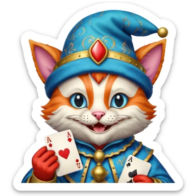crazy colorful cute little cat jolly joker from poker, medieval, vintage, court jester, mac os icon, blue color, holds an ace poker card (clearly detailed and precise) sticker