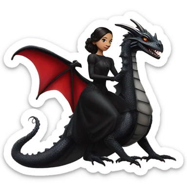 Lavish Victorian evening gown with gloves, Jenna Ortega as Addams Jedi wearing a mini tiara, riding on the back of a very large blood red evil-looking horned firedragon sticker