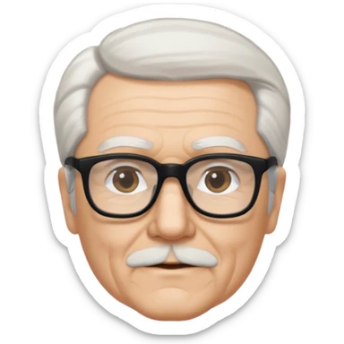 An elderly man with neatly combed white hair swept back and wears black rectangular glasses sticker