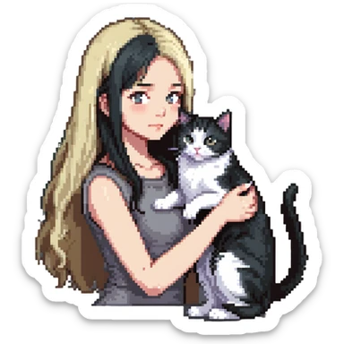 Beautiful girl with long black hair petting a gray and blonde mixed cat sticker