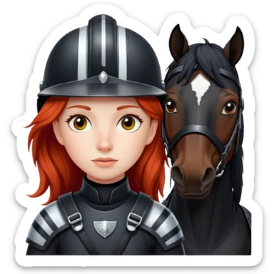 A red-haired girl with a helmet with a black horse with a white stripe on her face and a black mane sticker