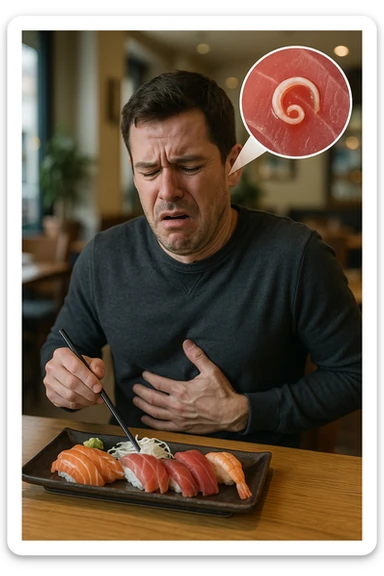 a man sits at a restaurant table, eating a plate of raw fish (such as sushi or sashimi). In a magnified inset, an Anisakis larva is visible inside a piece of fish. The man’s expression changes from enjoyment to sudden discomfort, holding his stomach with a pained look. The background is softly blurred, focusing on the man and the food. in italiano sticker