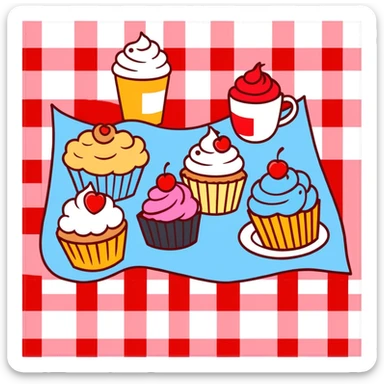 picnic with cupcakes, cookies and tea on a red and white checkered blanket sticker