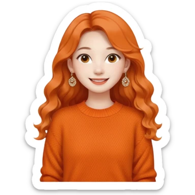 Korean 24-year-old female online shopping mall seller / Orange knit / White face / Earrings / Smiling expression / Long wavy hair / Influencer vibe / Fashionable sticker