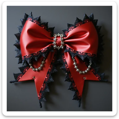 realistic red gothic bow with lace, dramatic pointed ends, ornate silver chains, transparent background sticker