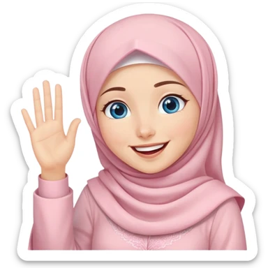Turkish beautiful finish Konya girl blue eyes with light pink lovely hijab islamic dress and she laugh and wave one's hand sticker