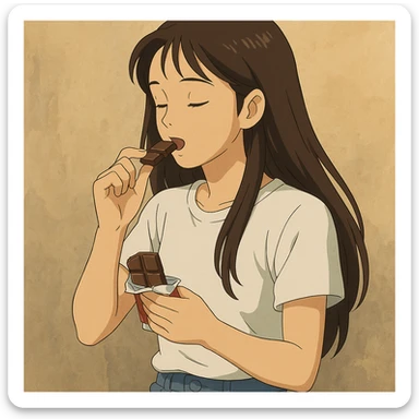 long haired Asian person eating chocolate, wearing white T-shirt and jeans sticker