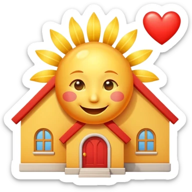 cheerful daycare house with a smiling sun above and a heart, bright and cute sticker