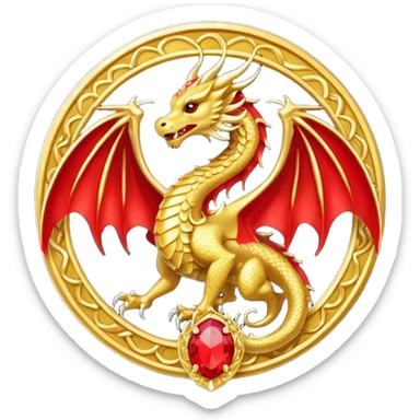 Golden Dragon with golden wings golden crest/brosch in a golden circle with red gems sticker