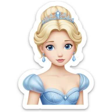 Cinematic Realistic Cinderella Portrait, depicted with lifelike porcelain skin, elegantly styled blonde hair, and a serene, graceful expression. Dressed in her classic ball gown with intricately detailed fabric textures and delicate pastel hues that catch soft, natural lighting, this portrait captures the timeless beauty of a fairy tale princess. sticker
