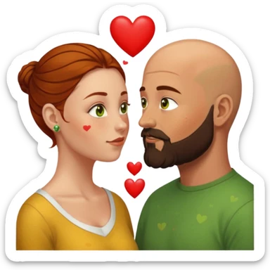 Couple. Bald man with dark brown-black beard. Woman with freckles, white skin and she has auburn-yellow-brown-hair. She has light yellow-green-brown eyes. He have hazel eyes. They look at each other. Many small red hearts around them. sticker