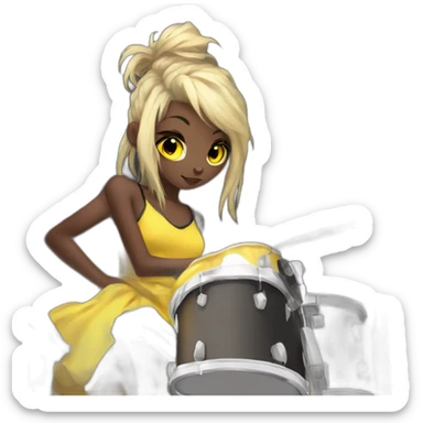 cute punk girl in yellow dress dark skin with yellow eyes and dark curvy hairs drummer anime style sticker