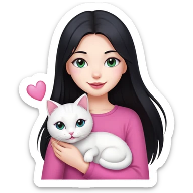 a girl with long black straight hair, small pink lips with a bright smile, sharp slit eye that disappear when she smile, and holding a white pretty cat sticker