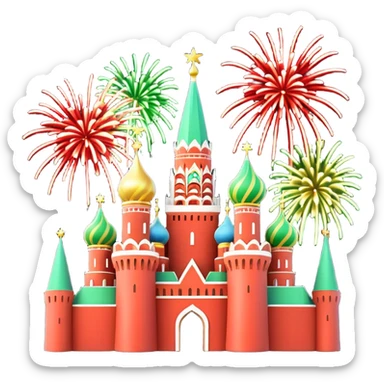 Apple style 3D emoji of New Year fireworks over Moscow. Vibrant multi-colored sparkling bursts (red, gold, green) in the sky. Below, a simplified glossy 3D silhouette of the Kremlin towers with glowing red stars. 
в более пастельных оттенках sticker