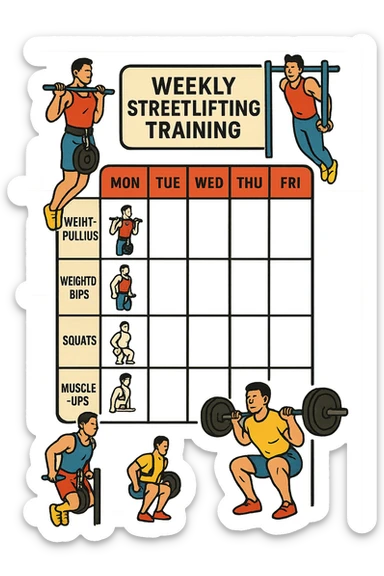 a streetlifting training sheet with icons for each exercise—weighted pull-ups, weighted dips, squats, muscle-ups—organized in a weekly schedule. Around the sheet, small illustrations show athletes performing each movement with proper form. The color palette is bold and energetic, and the background is clean and minimal. sticker