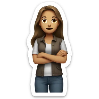 woman with long brown hair and light skin, crossing arms and frowning sticker