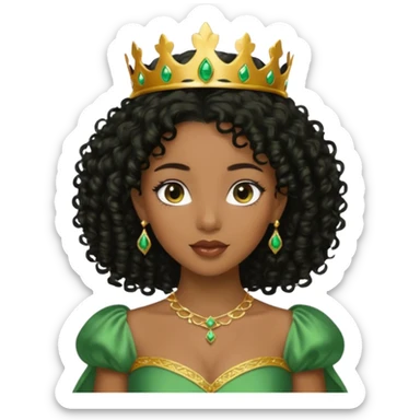 balck princess with black curly hair and a golden tiara. Green dress sticker