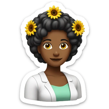 Mujer blanca, pelo negro, farmaceutica, sin lentes, pelo lacio hasta los hombros, con diadema de colores, gabacha con logo de girasol sticker