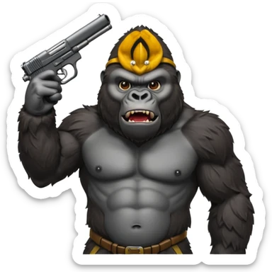 A mean gorilla holding a big gun in the air sticker