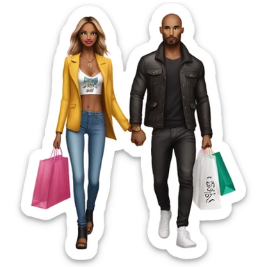 Photo of Victoria secret model shopping with a tattooed male model carrying bags sticker