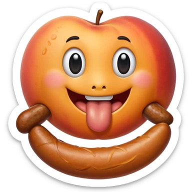 A peach with handmarks with a big bratwurst in his mouth sticker