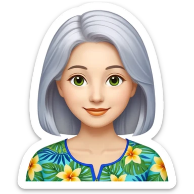 A woman with light complexion, an oval face with soft rounded features, full cheeks, gentle almond-shaped eyes with subtle smile lines, very long silver-gray hair parted to the side and styled loosely, wearing a vibrant tropical print blouse in blue, green, and yellow, exuding warmth and joy sticker