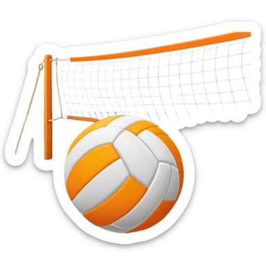 The scene captures a sunny beach atmosphere with clear blue sea and sky, palm trees swaying, and people in swimsuits enjoying the vibrant surroundings. A volleyball resting on the orange sand ground of a beach, with a volleyball net in the background.  sticker