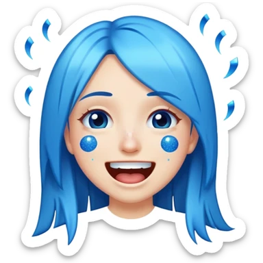 Girl with straight, long, blue hair and glitter making the cry laughing emoji face sticker