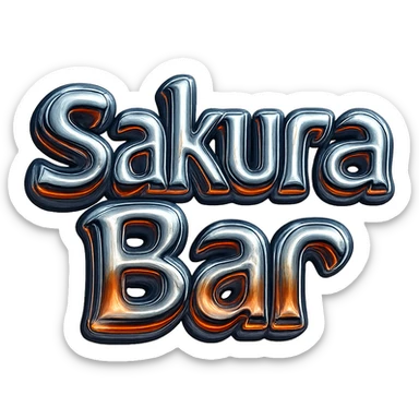 Make the 'Sakura Bar' bubble letters font more Y2K style—futuristic, metallic, shiny, with playful curves and a retro 2000s vibe, keep orange and red colors. The style should reflect a glossy, metallic, and futuristic look typical of early 2000s design aesthetics. sticker