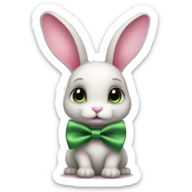 cute cartoon-style small bunny with long ears, a pink bow on its head, and a green satin bow tie around its neck. It appears to be sitting down and has a soft, innocent expression, giving it a charming and gentle appearance. sticker