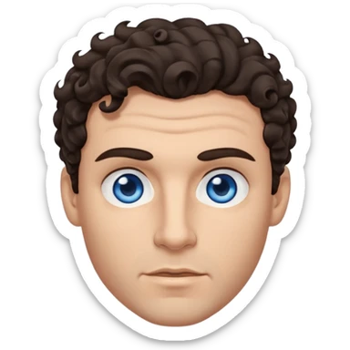 A man emoji with light skin, wavy dark brown hair styled with a curl falling on his forehead, thick dark eyebrows, striking blue eyes, a straight nose, and a clean-shaven face with a neutral expression. sticker