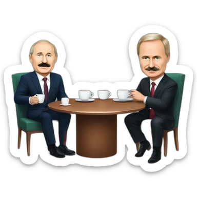 Lukashenko caricature and a Putin as radio talkshow hosts having coffee sticker