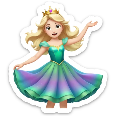 Cinematic Playful Aurora Portrait Emoji, Spinning in her dress, arms gracefully extended, eyes filled with laughter, exuding joy and charm, a princess dancing through her dreams! sticker