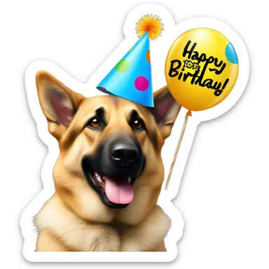 Blonde and black German shepherd with a party hat and a sign that says Happy Birthday To Me sticker