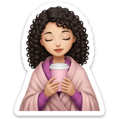 woman with medium tone, black long 3b curls, closed eyes, feminine face, holding soft pink coffee cup with beige blanket over shoulders sticker