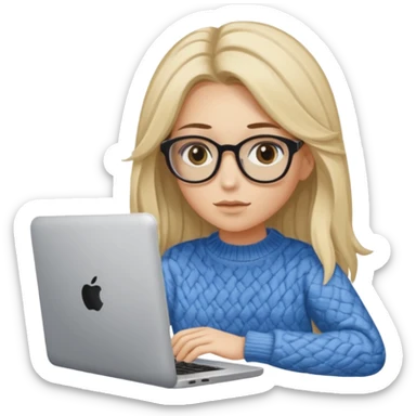 ragazza bionda con capelli lunghi, con occhiali tartarugati, occhi azzurri, con maglione beige, seduti alla scrivania che lavora al pc sticker