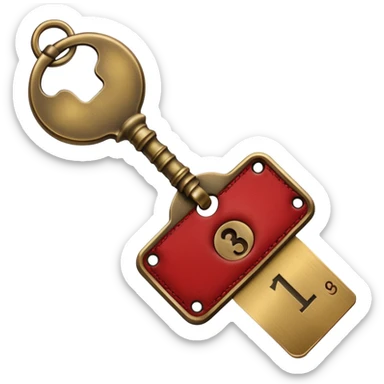 antique brass hotel key with large red leather room number tag sticker