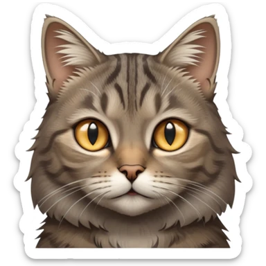 cinematic-[grey brown tabby cat]-realistic-emoji,-head-tilted-dramatically,-scruffy-[grey]-fur,-simplified-yet-realistic-focused-features,-highly-detailed,-glowing-with-an-almost-sarcastic-glow sticker
