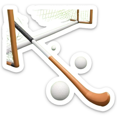 field hockey stick and ball on green grass field with goalposts in background sticker