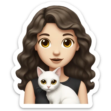white girl with dark brown wavy hair and black eyes holding white cat sticker