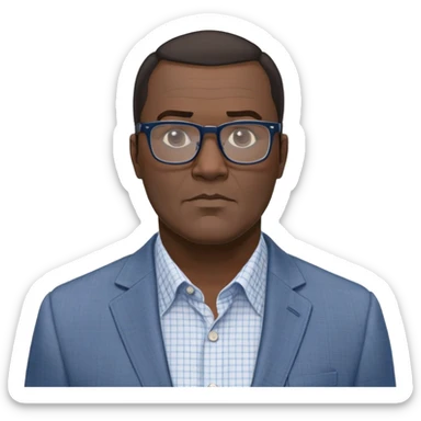 Larger 50-year-old man with extremely wide square face and prominent jawline. Full head of short straight dark hair with some gray, combed neatly to the side. Large dark square-framed glasses. Serious expression. Wearing a light gray blazer over a white button-up shirt with blue checkered pattern. sticker